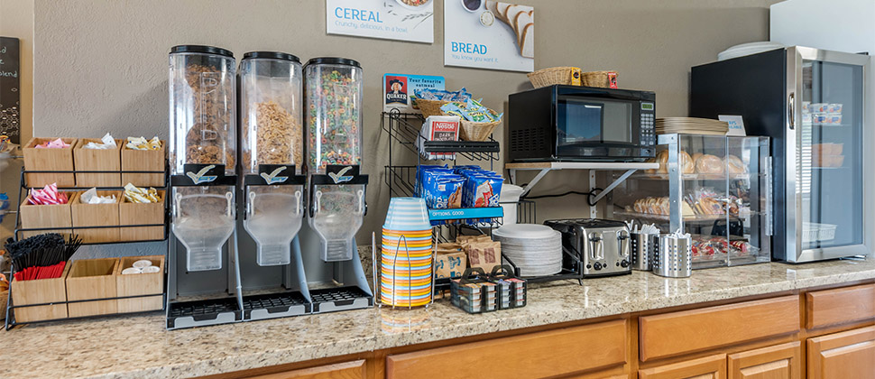 Cereal dispensors lined up on a counter in a breakfast area at the lodge. 