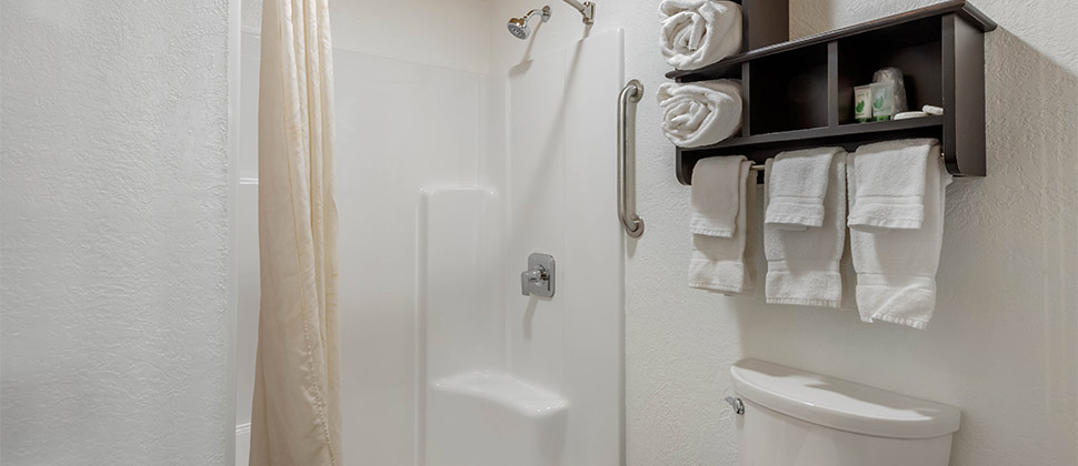 A standing shower with accessible vertical grip bar, next to wooden towel holder above the commode. 