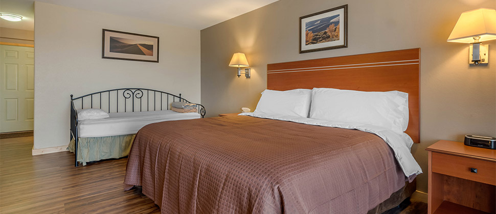 A bedroom with both a bed and tuck away bed, with themed artwork on the ceilings and mounted lamps. 